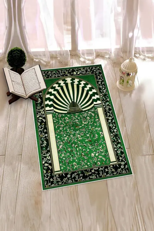 Digitally Printed Washable Mosque Pattern Souvenir Prayer Rug 70x130cm, Prayer Rug-34-green - 8