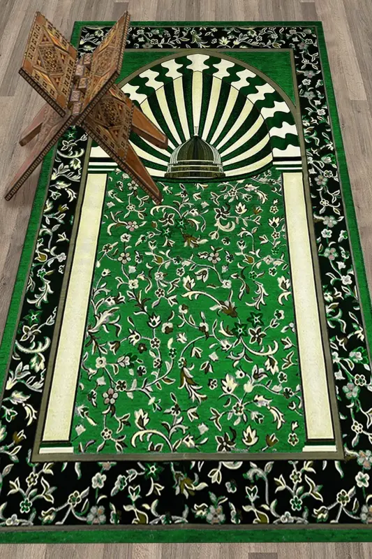 Digitally Printed Washable Mosque Pattern Souvenir Prayer Rug 70x130cm, Prayer Rug-34-green - 9