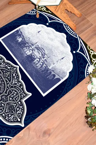 Digitally Printed Washable Mosque Patterned Gift Prayer Rug 70x130, SECCADE-35-BLUE,-BLUE 