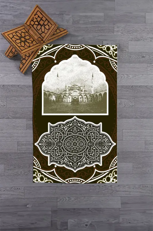 Digitally Printed Washable Mosque Patterned Gift Prayer Rug 70x130, SECCADE-35-BROWN,-BROWN - 5