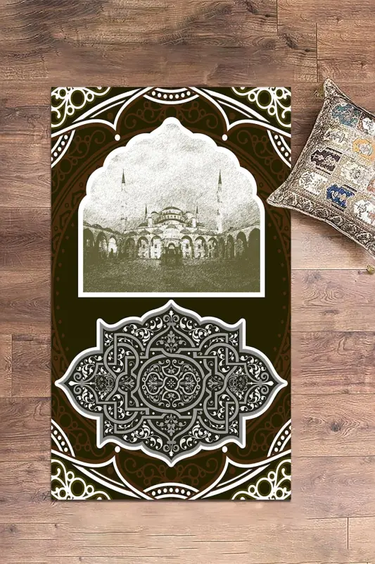 Digitally Printed Washable Mosque Patterned Gift Prayer Rug 70x130, SECCADE-35-BROWN,-BROWN - 6
