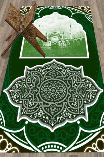Digitally Printed Washable Mosque Patterned Souvenir Prayer Rug 70x130, SECCADE-35-YEŞİL,-YEŞİL - 8