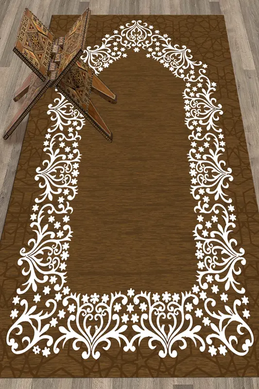 Digitally Printed Washable Plain Elegant Prayer Rug 70x130 cm. , SECCADE-12-BROWN,-BROWN - 4