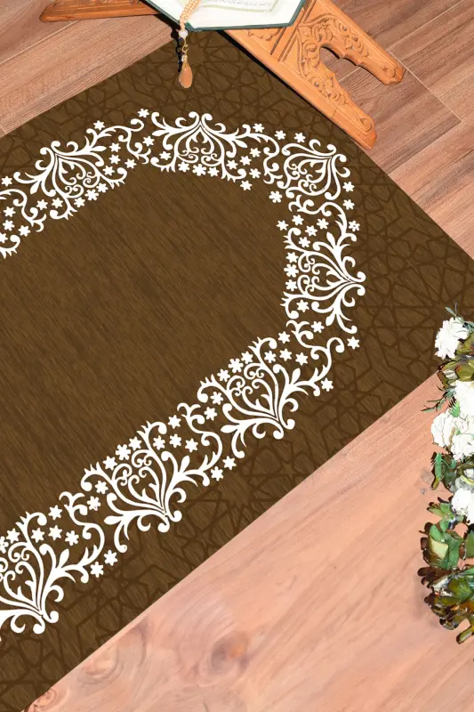 Digitally Printed Washable Plain Elegant Prayer Rug 70x130 cm. , SECCADE-12-BROWN,-BROWN - 5