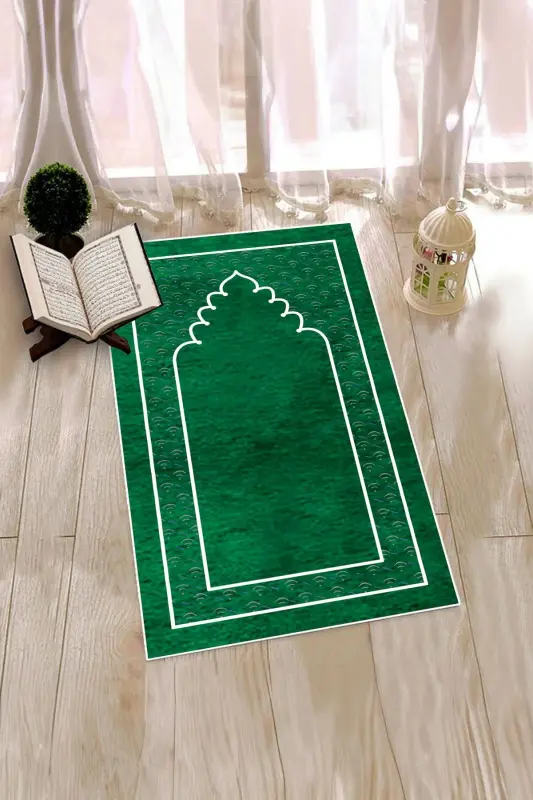 Digitally Printed Washable Plain Pattern Prayer Rug Prayer Mat 70x130 cm. , SECCADE-11-YEŞİL,-YEŞİL - 3