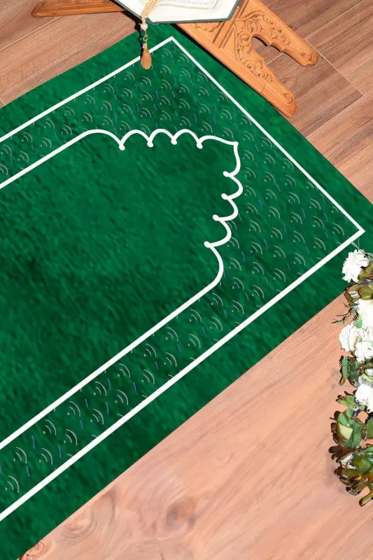 Digitally Printed Washable Plain Pattern Prayer Rug Prayer Mat 70x130 cm. , SECCADE-11-YEŞİL,-YEŞİL - 5