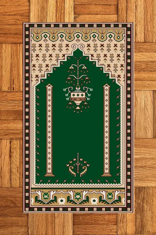 Digitally Printed Washable Prayer Rug with Classic Motif 70x130 - GREEN - 4