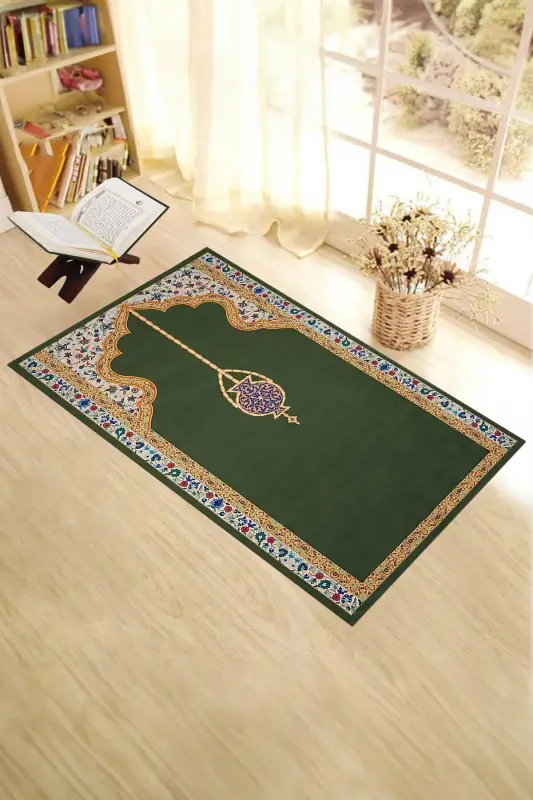 Digitally Printed Washable Stylish Motif Prayer Rug 70x130 Cm - GREEN - 8