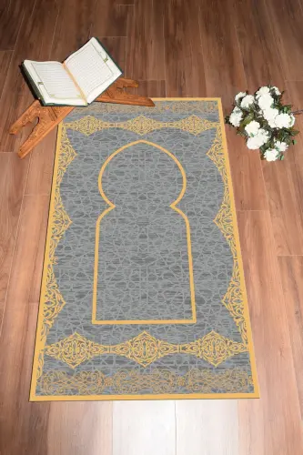 Digitally Printed Washable Stylish Motif Prayer Rug 70x130 Cm, Prayer Rug-16-gray,-GRAY - 5