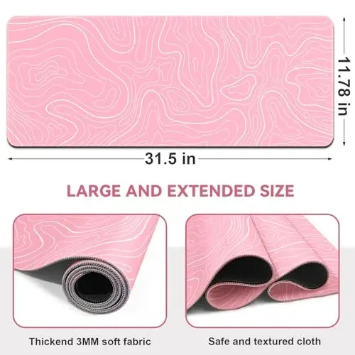 DIGSOM Gaming Mouse Pad 31.5 x 11.8in Large Mouse Pad with Anti-Slip Rubber Base（Pink with White Topographic Line） - 2