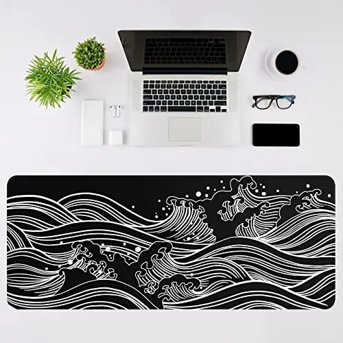 DIGSOM Gaming Mouse Pad - Large 31.5 x 11.8 in Black and White with Stitching Edges, Non-Slip Rubber Base Large Mouse Mat and Keyboard Pad (Sea Wave) - 3