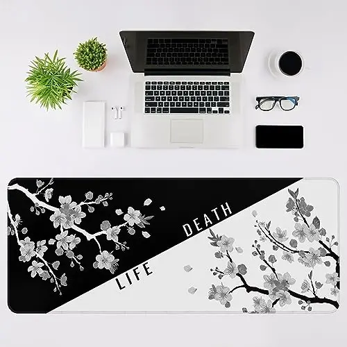 DIGSOM Mouse Pad Gaming Keyboard Pad 31.5 x 11.8 in Gaming Mouse Pad with Anti-Slip Rubber Base and Stitched Edges, Japanese Life Death Keyboard Mat(Black with White Cherry Blossom) - 3
