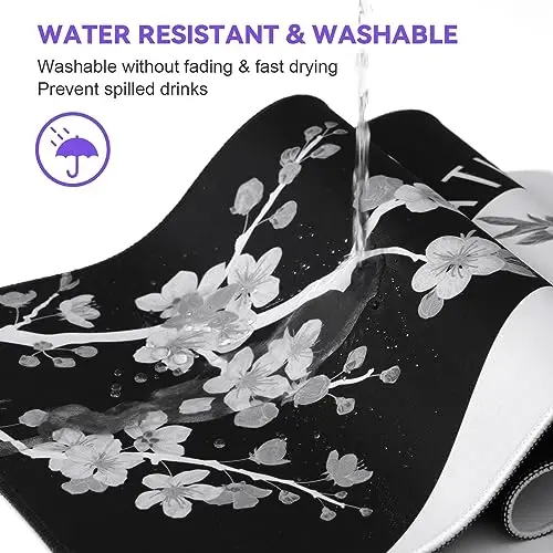 DIGSOM Mouse Pad Gaming Keyboard Pad 31.5 x 11.8 in Gaming Mouse Pad with Anti-Slip Rubber Base and Stitched Edges, Japanese Life Death Keyboard Mat(Black with White Cherry Blossom) - 5