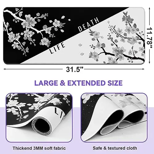 DIGSOM Mouse Pad Gaming Keyboard Pad 31.5 x 11.8 in Gaming Mouse Pad with Anti-Slip Rubber Base and Stitched Edges, Japanese Life Death Keyboard Mat(Black with White Cherry Blossom) - 2