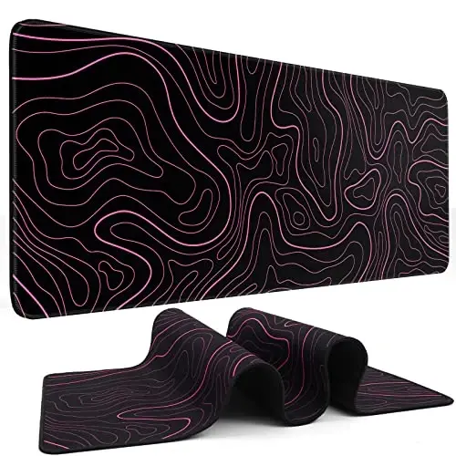 DIGSOM Mouse Pad Gaming Mousepad 31.5 x 11.8 in Large Mouse Pad for Keyboard and Mouse with Anti-Slip Rubber Base, Keyboard Pad XL Mouse Mat for Home and Office(Black with Red Topographic Line) - 1