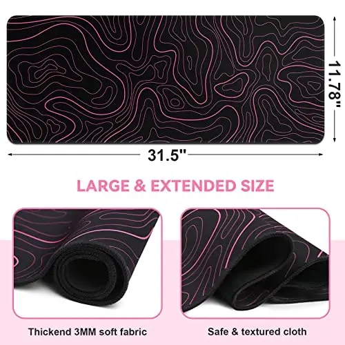 DIGSOM Mouse Pad Gaming Mousepad 31.5 x 11.8 in Large Mouse Pad for Keyboard and Mouse with Anti-Slip Rubber Base, Keyboard Pad XL Mouse Mat for Home and Office(Black with Red Topographic Line) - 2