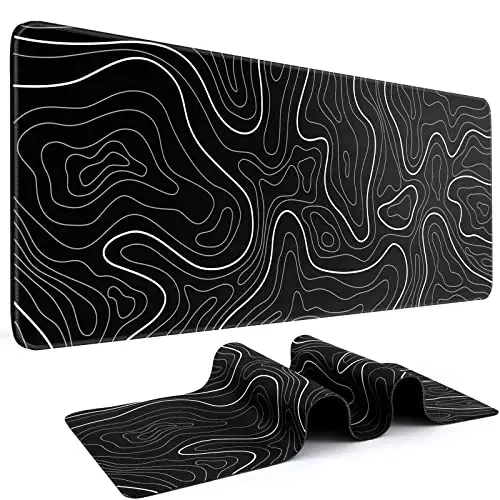 DIGSOM Mouse Pad Gaming Mousepad 31.5 x 11.8 in Large Mouse Pad for Keyboard and Mouse with Anti-Slip Rubber Base, Keyboard Pad XL Mouse Mat for Home and Office（Black with White Topographic Line） 