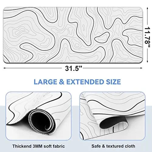 DIGSOM Mouse Pad Gaming Mousepad 31.5 x 11.8 in Large Mouse Pad for Keyboard and Mouse with Anti-Slip Rubber Base, Keyboard Pad XL Mouse Mat for Home and Office(White with Black Topographic Line) - 2