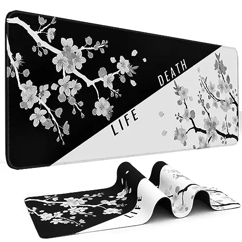 DIGSOM Mouse Pad Gaming Keyboard Pad 31.5 x 11.8 in Gaming Mouse Pad with Anti-Slip Rubber Base and Stitched Edges, Japanese Life Death Keyboard Mat(Black with White Cherry Blossom) 