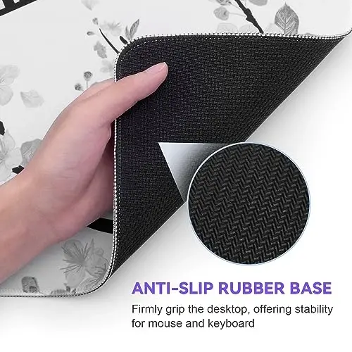 DIGSOM Mouse Pad Gaming Keyboard Pad 31.5 x 11.8 in Gaming Mouse Pad with Anti-Slip Rubber Base and Stitched Edges, Japanese Life Death Keyboard Mat(Black with White Cherry Blossom) - 6