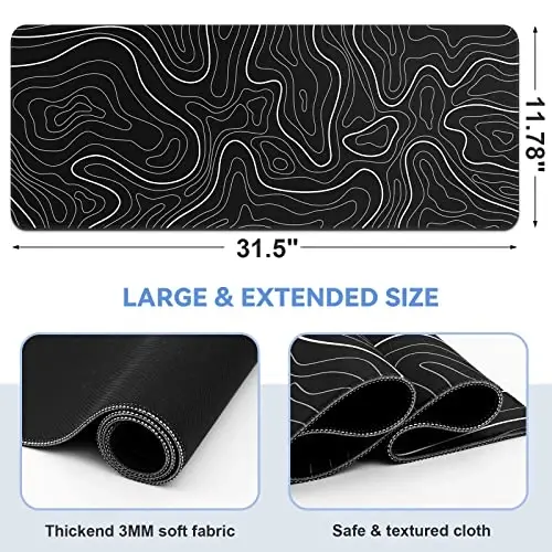 DIGSOM Mouse Pad Gaming Mousepad 31.5 x 11.8in Large Mouse Pad for Keyboard and Mouse with Anti-Slip Rubber Base, Keyboard Pad XL Mouse Mat for Home and Office（Black with White Topographic Line） - 2