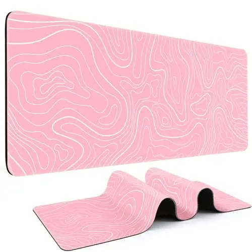 DIGSOM Gaming Mouse Pad 31.5 x 11.8in Large Mouse Pad with Anti-Slip Rubber Base（Pink with White Topographic Line） 