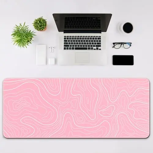 DIGSOM Gaming Mouse Pad 31.5 x 11.8in Large Mouse Pad with Anti-Slip Rubber Base（Pink with White Topographic Line） - 3