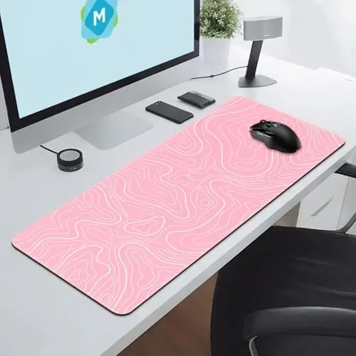 DIGSOM Gaming Mouse Pad 31.5 x 11.8in Large Mouse Pad with Anti-Slip Rubber Base（Pink with White Topographic Line） - 4