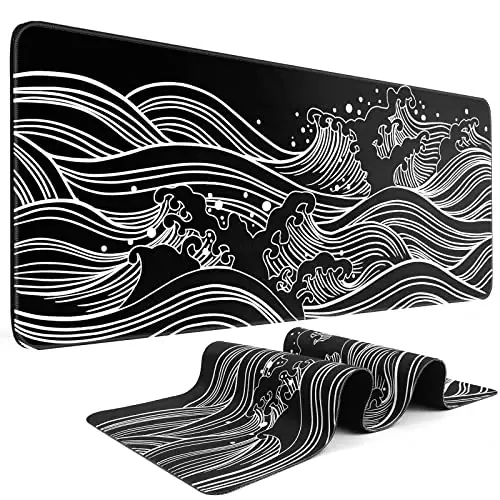 DIGSOM Gaming Mouse Pad - Large 31.5 x 11.8 in Black and White with Stitching Edges, Non-Slip Rubber Base Large Mouse Mat and Keyboard Pad (Sea Wave) - 1