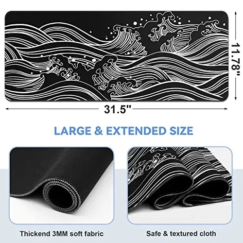 DIGSOM Gaming Mouse Pad - Large 31.5 x 11.8 in Black and White with Stitching Edges, Non-Slip Rubber Base Large Mouse Mat and Keyboard Pad (Sea Wave) - DIGSOM (1)