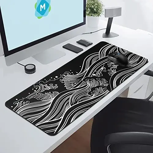 DIGSOM Gaming Mouse Pad - Large 31.5 x 11.8 in Black and White with Stitching Edges, Non-Slip Rubber Base Large Mouse Mat and Keyboard Pad (Sea Wave) - 4