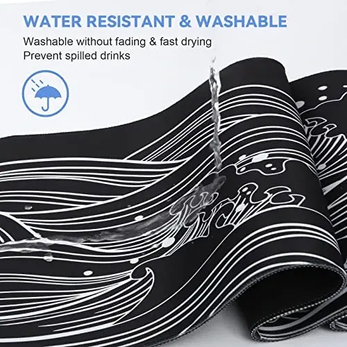 DIGSOM Gaming Mouse Pad - Large 31.5 x 11.8 in Black and White with Stitching Edges, Non-Slip Rubber Base Large Mouse Mat and Keyboard Pad (Sea Wave) - 5