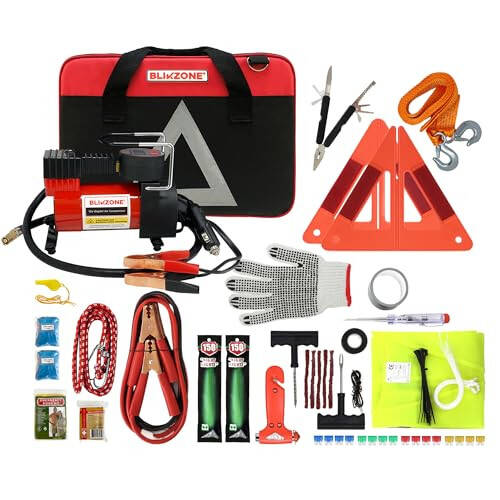 BLIKZONE Red Car Emergency Kit for Vehicles Road Trip, with All The Essentials as Flat Tire Repair, Jumper Cables, Digital Air Compressor, Multitool and All The Car Safety Accessories - 1