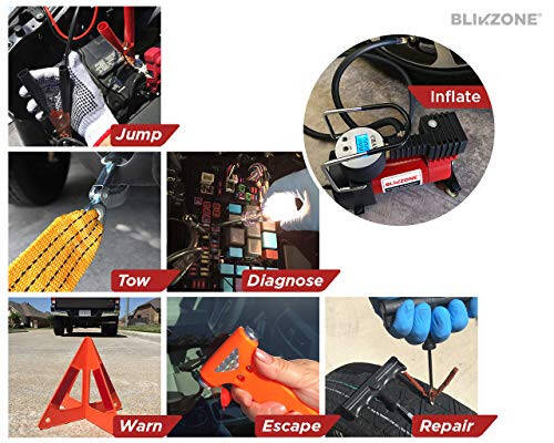 BLIKZONE Red Car Emergency Kit for Vehicles Road Trip, with All The Essentials as Flat Tire Repair, Jumper Cables, Digital Air Compressor, Multitool and All The Car Safety Accessories - 4