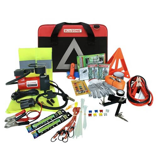 BLIKZONE Red Car Emergency Kit for Vehicles Road Trip, with All The Essentials as Flat Tire Repair, Jumper Cables, Digital Air Compressor, Multitool and All The Car Safety Accessories - 6