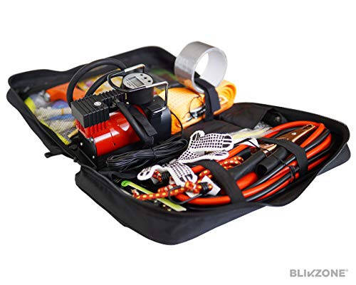 BLIKZONE Red Car Emergency Kit for Vehicles Road Trip, with All The Essentials as Flat Tire Repair, Jumper Cables, Digital Air Compressor, Multitool and All The Car Safety Accessories - 7