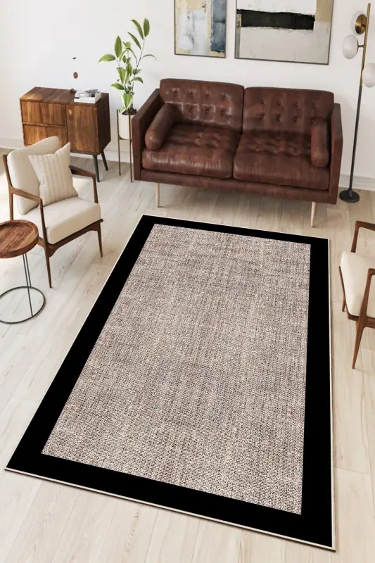 Dijital Baskı Jüt-hasır Yıkanabilir Kaymaz Taban Salon Halısı Mutfak Halısı Koridor Halısı Yolluk-siyah - DF HOME