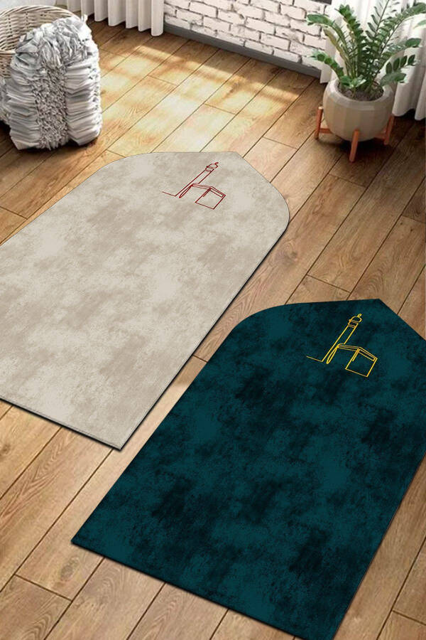 Dijital Baskı Seccade Çift Seccadesi Kabe Desenli Seccade Çeyizlik Seccade Prayer Mat - Yeşil-Krem - 1