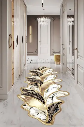 Dijital Baskı Yıkanabilir Kaymaz Taban Dekoratif Salon Mutfak Halısı Yolluk - gold - YTR HOME (1)