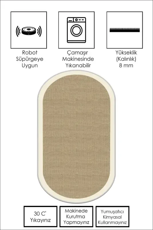 Dijital Baskı Yıkanabilir Kaymaz Taban Oval Mutfak Halısı Salon Halısı Ve Yolluk-bej - 3