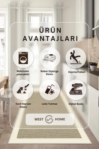 Dijital Baskı Yıkanabilir Kaymaz Taban Salon Halısı Mutfak Halısı Koridor Halısı - Bej - 3