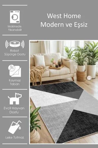 Dijital Baskı Yıkanabilir Kaymaz Taban Salon Halısı Mutfak Halısı Koridor Halısı - Siyah - 2
