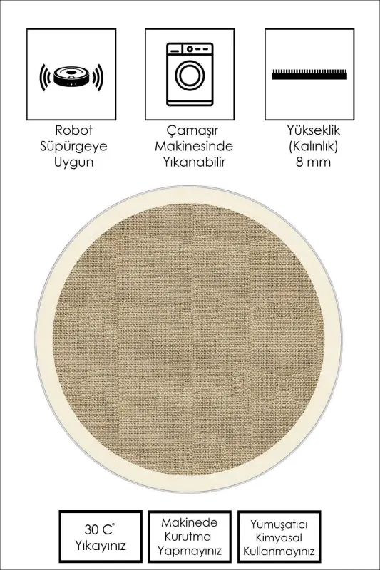 Dijital Baskı Yıkanabilir Kaymaz Taban Salon Halısı Mutfak Halısı Koridor Halısı - Yuvarlak-Bej - 6
