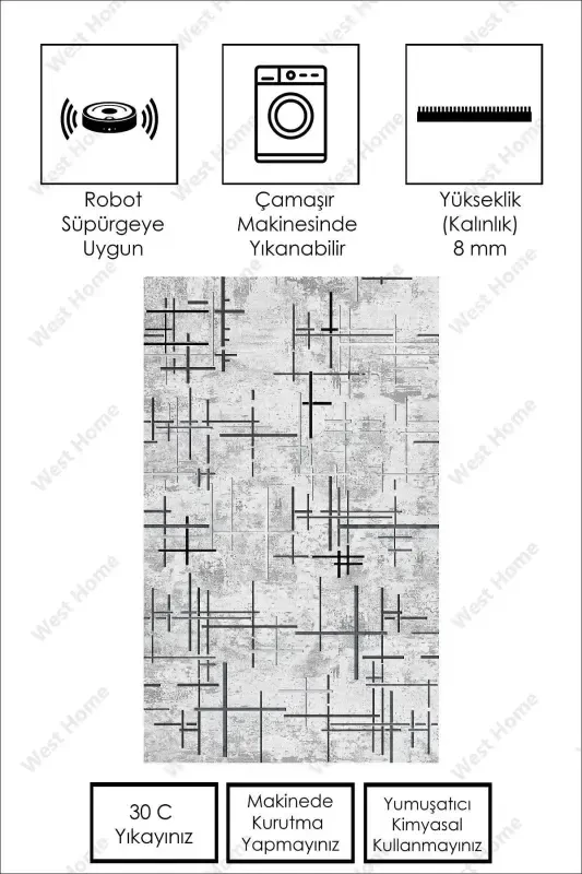 Dijital Baskı Yıkanabilir Kaymaz Taban Salon Halısı Mutfak Halısı Yolluk-GRİ - 2