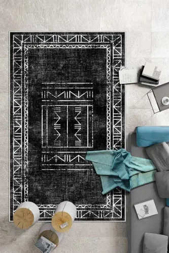 Dijital Baskı Yıkanabilir Kaymaz Taban Salon Halısı Mutfak Halısı Yolluk Ve Banyo Paspası - Siyah - 2