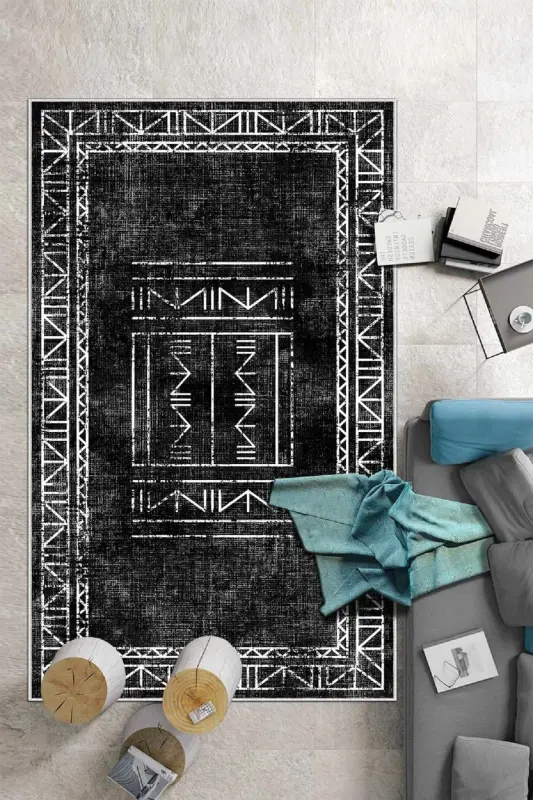 Dijital Baskı Yıkanabilir Kaymaz Taban Salon Halısı Mutfak Halısı Yolluk Ve Banyo Paspası - Siyah - 2