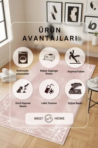 Dijital Baskı Yıkanabilir Kaymaz Taban Salon Halısı Mutfak Halısı Yolluk Ve Banyo Paspası - Pudra - 3