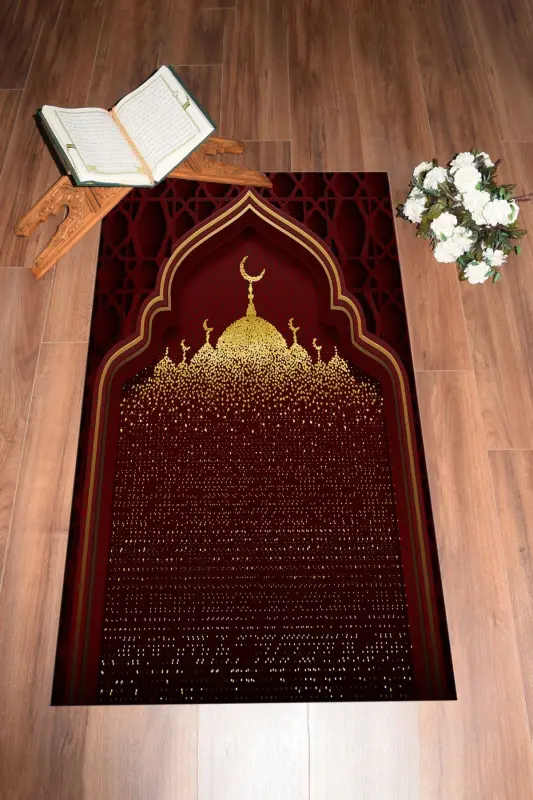 Dijital Baskılı Camii Motifli Yıkanabilir Motifli 70x130 Namazlık Seccade - KIRMIZI - 8
