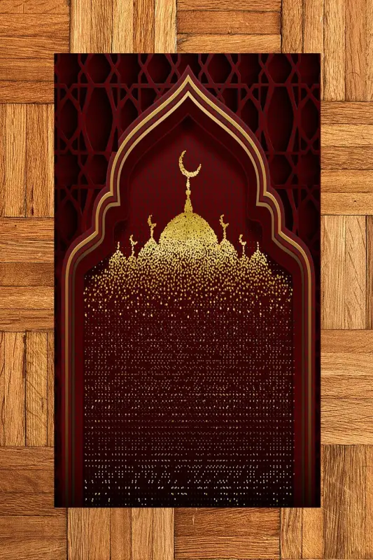 Dijital Baskılı Camii Motifli Yıkanabilir Motifli 70x130 Namazlık Seccade - KIRMIZI - 9