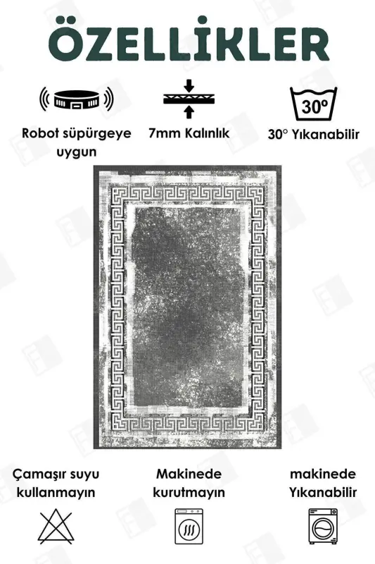 Dijital Baskılı Dört Mevsim Yıkanabilir Kaymaz Taban Çocuk Halısı,yolluk,mutfak Ve Salon Halısı (19) - ANTRASİT-GRİ - 3